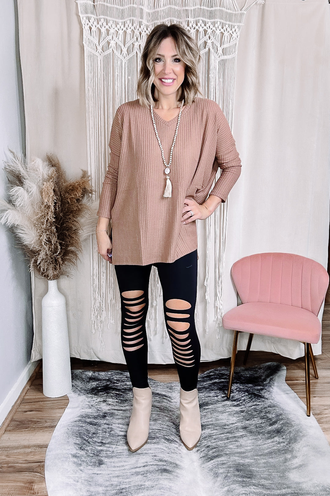 Cocoa Fiona Waffle Vneck Sweater