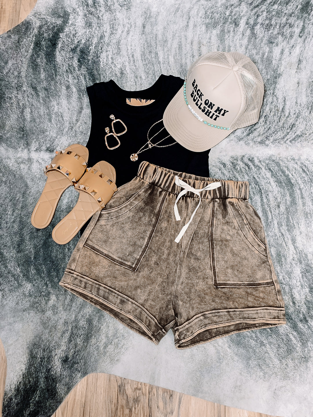 Rust Brown Gia Acid Wash Drawstring Short