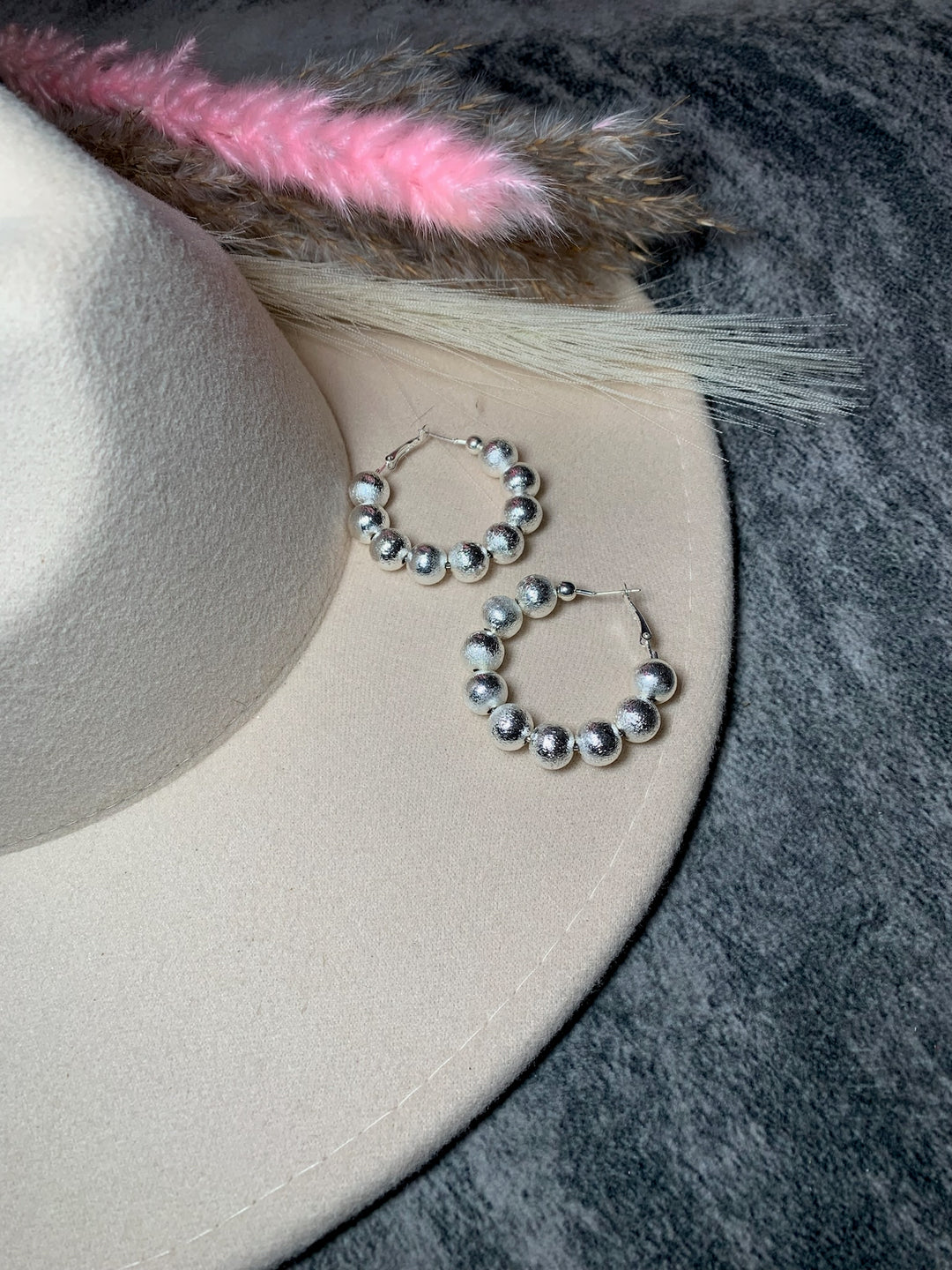 Silver Textured Beaded Hoop Earrings