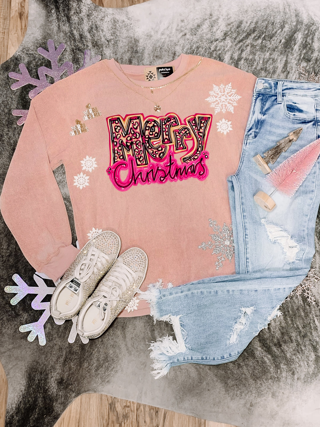 Pink Merry Christmas Corded Long Sleeve Tee