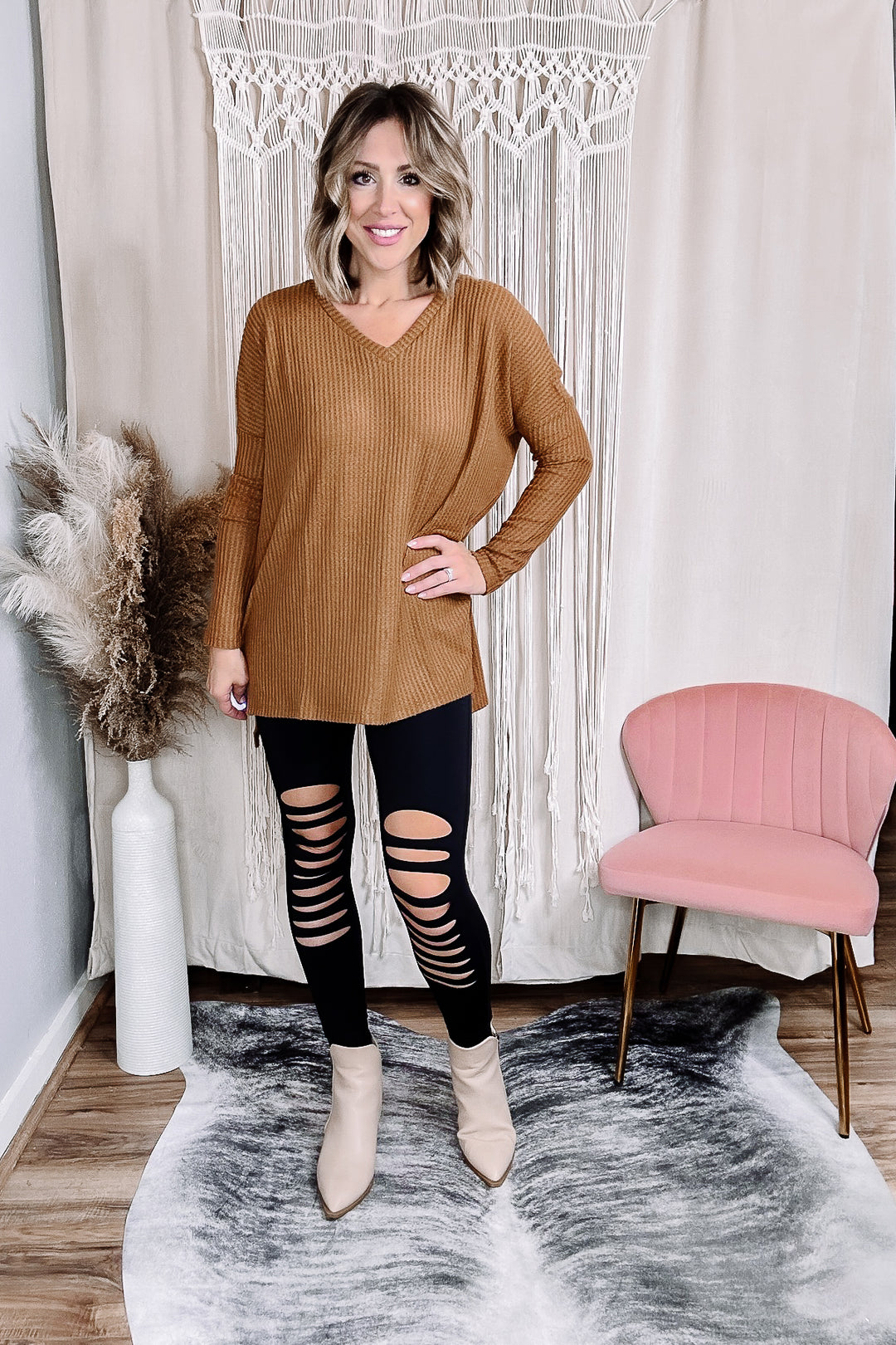 Deep Camel Fiona Waffle Vneck Sweater