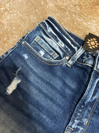 Dark Wash Distressed Denim Shorts | High Rise Raw Frayed Hem Jean Shorts