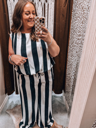 Vertical Stripe Sleeveless Matching Set — Black Ivory
