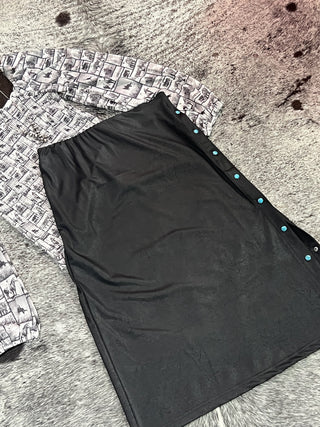 Black Leather Lux Adjustable Pearl Snap Midi Skirt