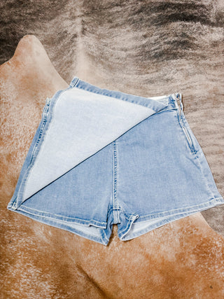 Light Wash Wrap Front Denim Skort