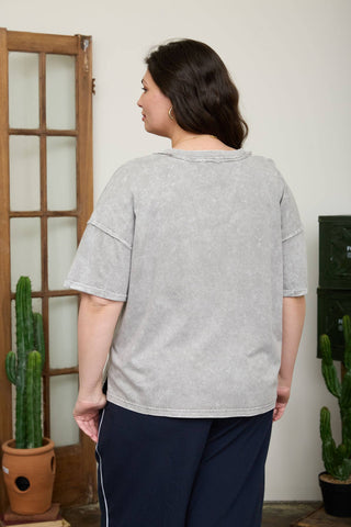 Plus washed exposed seam V-neck boxy knit top, drop shoulder detail