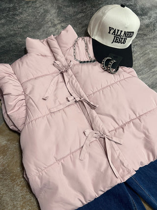 Blush flutter sleeve bow tie puffer vest