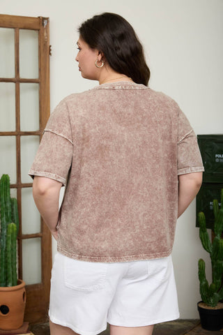 Plus washed exposed seam V-neck boxy knit top, side view