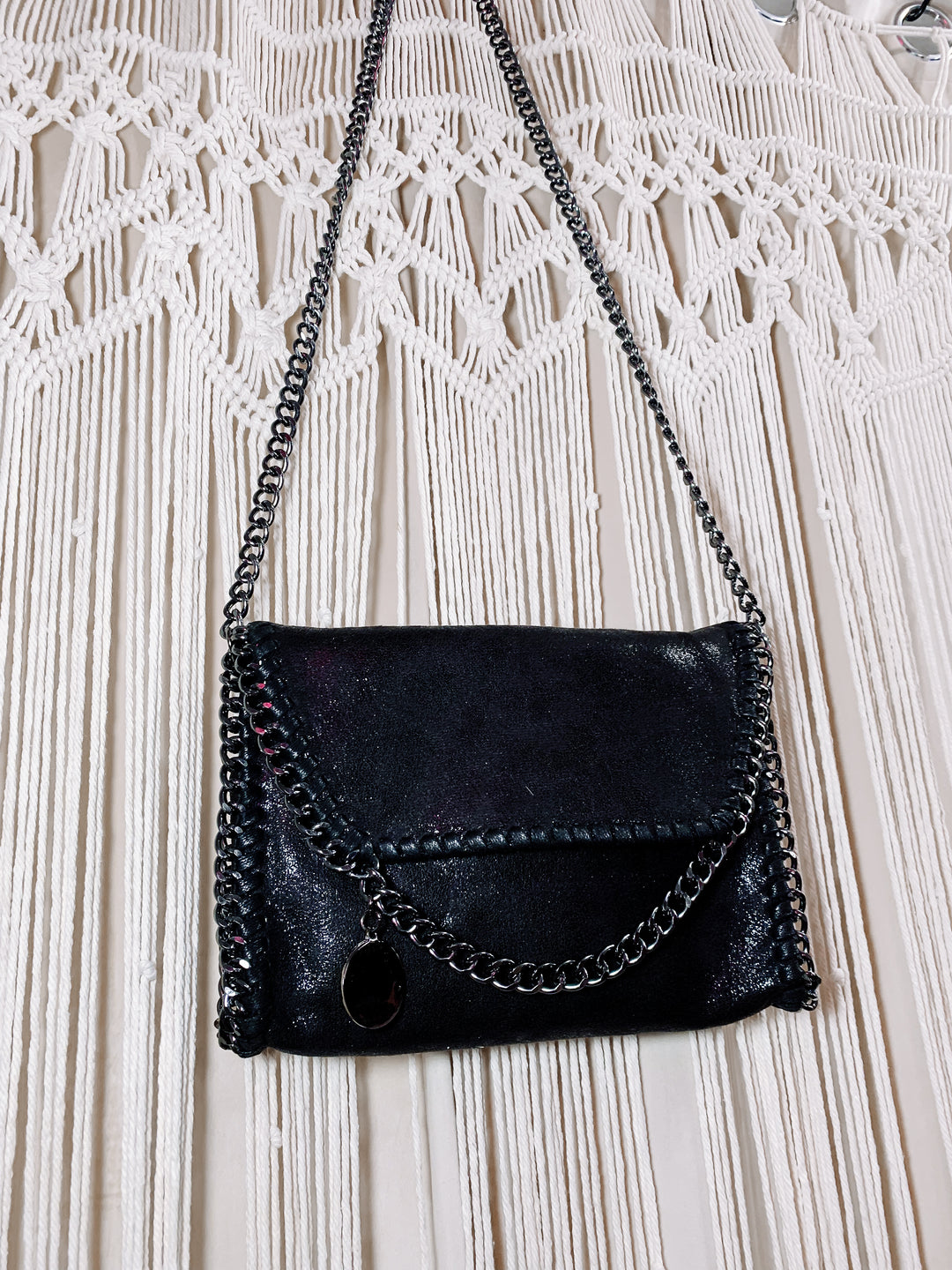 Black Metal Chain Flap Crossbody