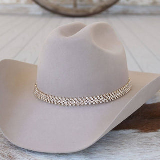 Gold rhinestone bling hat band The Loretta on a cream cowboy hat, photo 1