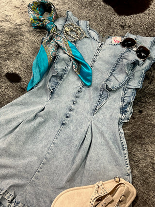 Washed Denim Ruffled Button Detail Romper