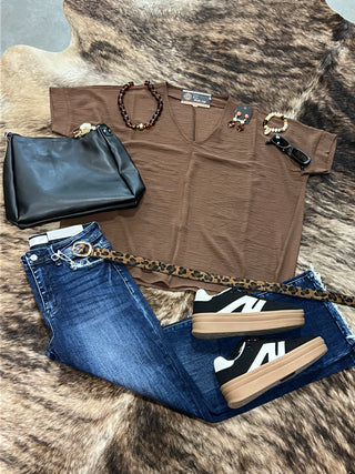 Woven Airflow V-Neck Short Sleeve Top — Brown