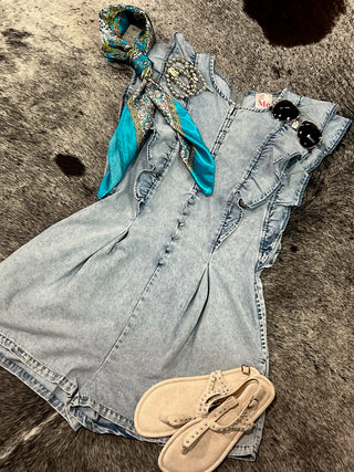 Washed Denim Ruffled Button Detail Romper