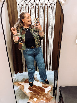 Camo Sequin Contrast Cropped Jacket