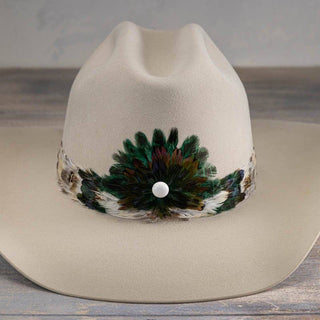 Feather Hat Band - Royal styled on western hat, size-inclusive Jayden Layne boutique, boho vibe with denim and charm accents