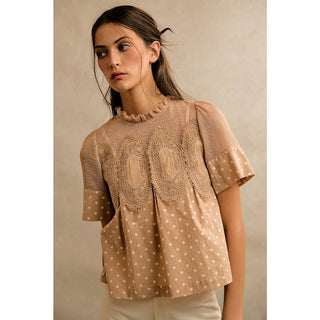 Polka Dot Print Lace Trim Short Sleeve Cotton Blouse Top
