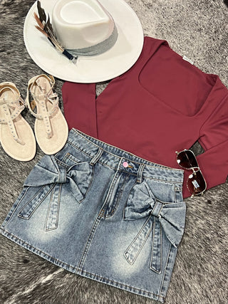 Bow Knot Pocket Denim Mini Skirt — Denim