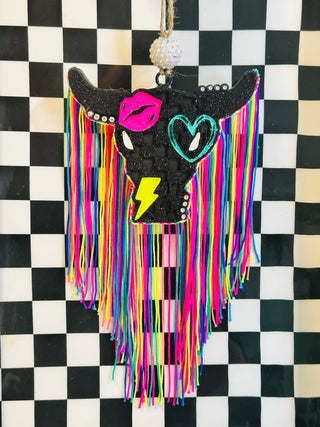 Checkered Bull Skull w/ Fringe Car Freshie 