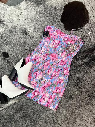 Pink Blue Floral Corset Mini Dress