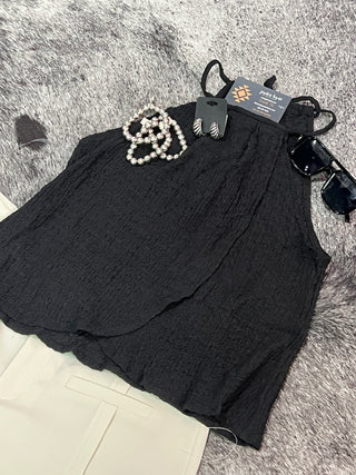 Black Textured Halter Overlay Top