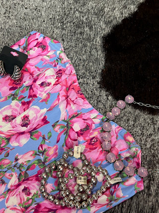 Pink Blue Floral Corset Mini Dress