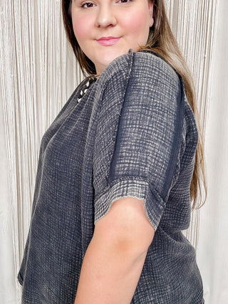 Curvy Black Acid Washed Gauze Cuffed Short Sleeve Top
