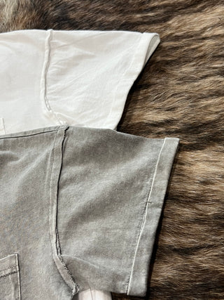 Washed exposed seam V-neck boxy knit top with chest pocket and raw edge seams, photo 8