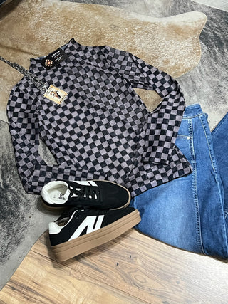 Checkered Mesh Long Sleeve