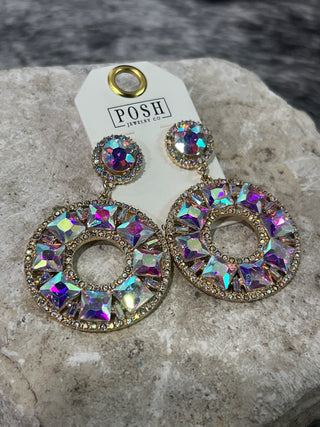Large Iridescent Crystal Circle Drop Earrings