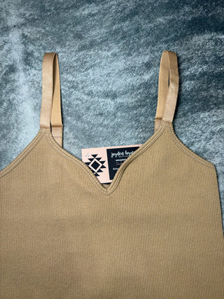 Camel Ribbed V-neck Thick Banded Spaghetti Strap Bodysuit