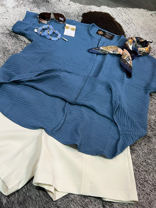 Dusty Blue Woven Split Neck Top