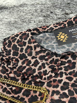 Leopard Mesh Long Sleeve Collared Top