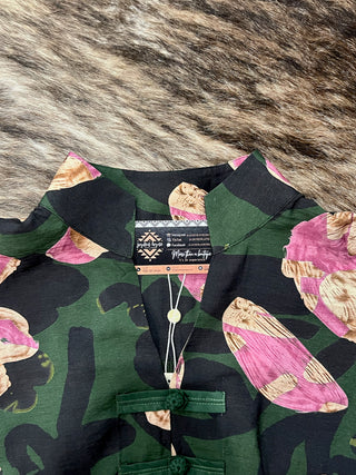 Pine Floral Print Puff Sleeve Button-Up Blouse