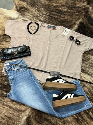 Woven Airflow V-Neck Short Sleeve Top — Ash Mocha
