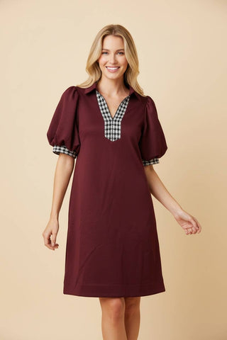 Puff Sleeve Mini Shift Dress with Gingham Trim