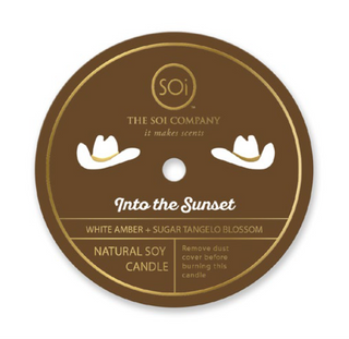 Into the Sunset natural soy candle lid label in brown with white cowboy hats, white amber and sugar tangelo blossom scent