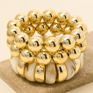 Chunky Marble Resin And Metallic Ball Beaded Bracelet Set