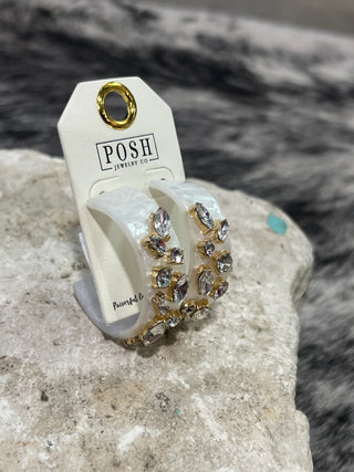 White Marble Crystal Stone Hoop Earrings