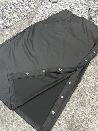 Black Leather Lux Adjustable Pearl Snap Midi Skirt