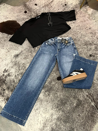 Mid Rise Stretch Trouser Wide Leg Jeans