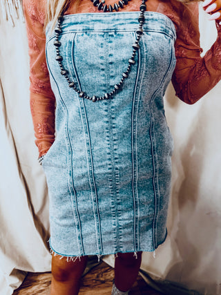Denim exposed mini dress