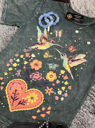 Hummingbirds & Flowers Mineral Wash Tee