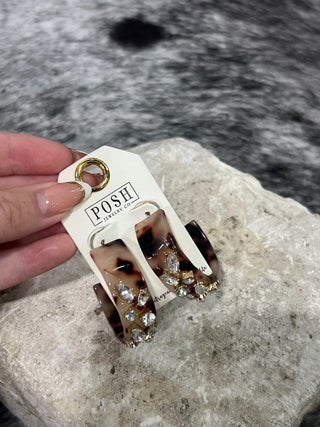 Tortoise Shell Crystal Stone Hoop Earrings