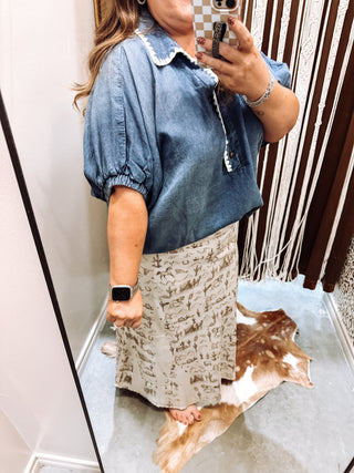 Denim crochet trim blouse styled with jeans