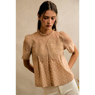 Polka Dot Print Lace Trim Short Sleeve Cotton Blouse Top