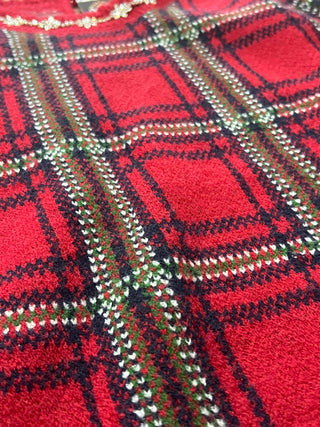 Red Plaid Rhinestone Snowflake Trim Scalloped Christmas Sweater