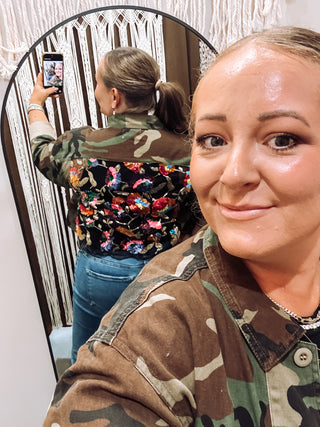 Camo Sequin Contrast Cropped Jacket