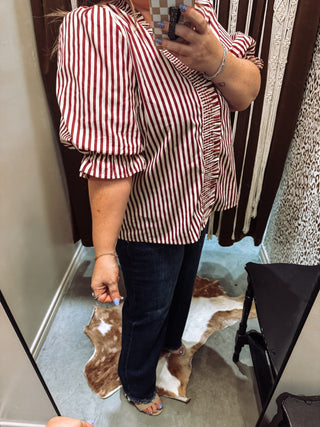 Plus Stripe Smocked V-Neck Puff Sleeve Top