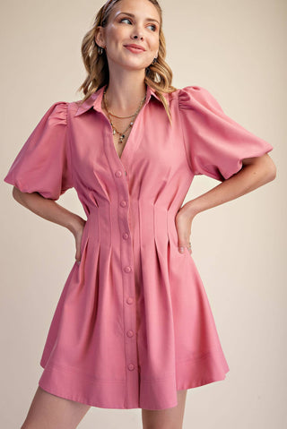 Pleated Balloon Sleeve Waist Mini Fit & Flare Dress