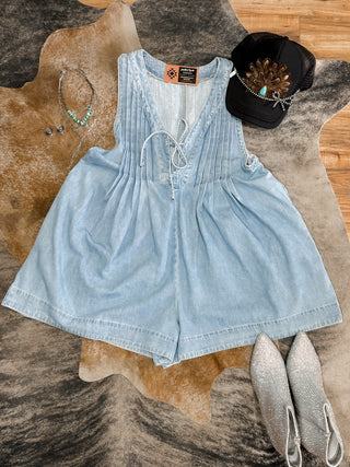 Front Pleated V Neck Sleeveless Denim Romper